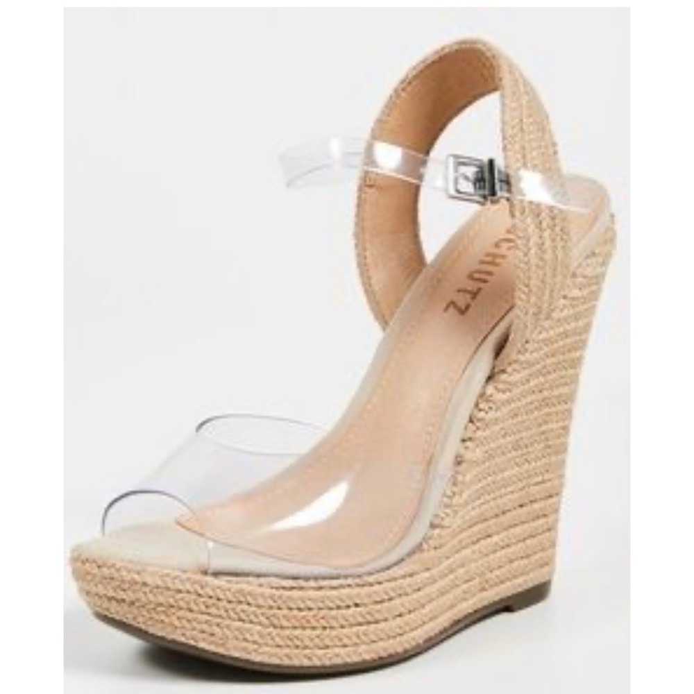 Schutz Clear Vinyl Espadrille Wedge Sandals Tan Jute Platform 8.5B